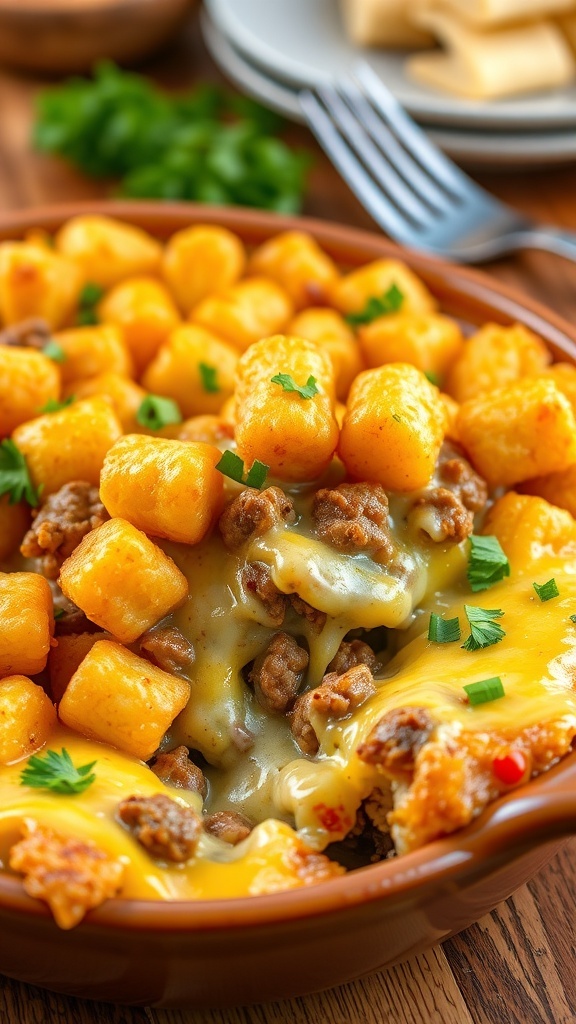 Cheesy hamburger tater tot casserole with crispy tater tots and melted cheese in a rustic dish.